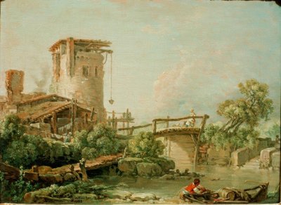 Landscape with Tower and Bridge by François Boucher